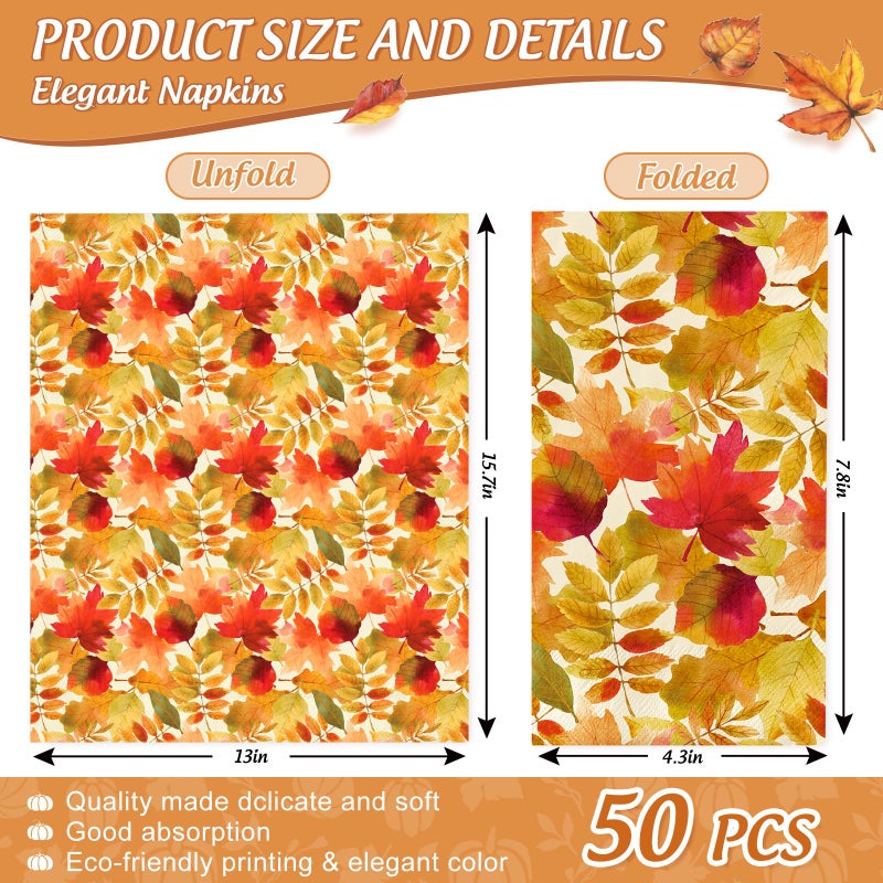 JarThenaAMCS 50 Pcs Fall Leaves Guest Napkins Autumn Maple Leaf Disposable Napkins Watercolor Dinner Hand Paper Napkin for Bathroom Thanksgiving Holiday Party Table Supplies - Image 2